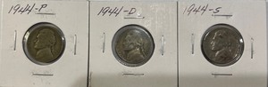 Three Silver War Nickels - 1944 P, D, & S