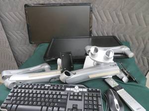 2 DELL MONITORS  KEY BOARD AND MOUSE  ERGOTRON MOUNT SYSTEM