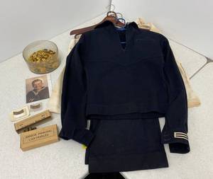Vintage US Navy Sailor Uniform Wool Pullover Top, Wool Pants And under shirts, Photo, Buttons, Pins And Armor piercing Cartridges ( Used Brass Only In Original Box).