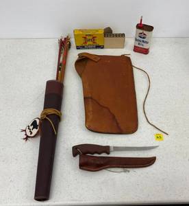 Vintage Ben-Pearson Childs Quiver With Wooden Arrows, Buck Brand Fillet Knife, Vintage Western Super X 30-06 Springfield Empty Brass Cartridges in Box And more