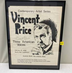 Framed Autographed Vincent Price Poster Signed In Pen By The Master Of Horror Himself