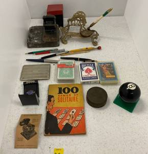 Misc. Antique Items Including Brass Inkwell, Vintage Ink Pens, Cast Ashtray, Zippo, Eight Ball Lighter And More
