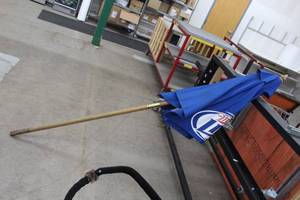 lot 1077 image: Miller Lite Outdoor Patio Table Umbrella with Wood Pole