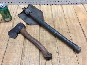 lot 74 image: Vintage Hatchet & 1944 US Folding Shovel