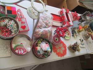 Box of crocheted items, wall decor,...