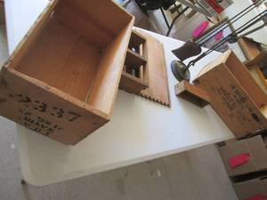 Wood crates and fireplace tools...