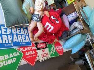 ) Box of pillows, plush M&M, old la...