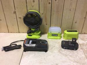 ONE 18V Cordless 3-Tool Campers Kit with Area Light, Bluetooth Speaker, 4 in. Clamp Fan, 1.5 Ah Battery, and Charger by RYOBI Customer Returns See Pictures