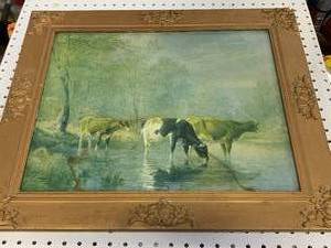 VERY OLD COW FRAMED ART 21X25