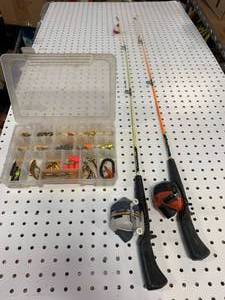 LOT OF 2 FISHING RODS & TACKLE BOX