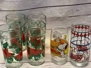 1965 SNOOPY GLASS, 4 ANCHOR HOCKING, WATERMELON GLASSES & PEPSI GLASS