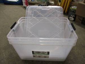 lot 21 image: 3 Plastic Bins with 2 Lids - 1 crac...