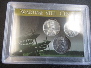 7. 1943-P,D and S Steel WWII Emergency Issue Steel Pennies in P-40 Warhawk Decorative Case