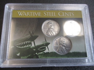 8. 1943-P,D and S Steel WWII Emergency Issue Steel Pennies in P-40 Warhawk Decorative Case
