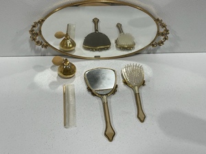 lot 14 image: 24K Gold Plated Vanity Mirror, Brush, Comb, and Atomizer Set