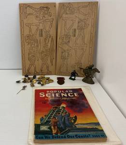 lot 9 image: Group Including Wooden Army Men Cutouts, 1940s Popular Science And More