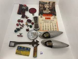 lot 25 image: Group Of Misc. Vintage Auto Parts including License Plate Glass Reflectors And More