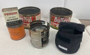 lot 35 image: Group Of Vintage Advertising Tins Including Butter-Nut Coffee, Sigg Portable Cook Stove Made In Switzerland And More