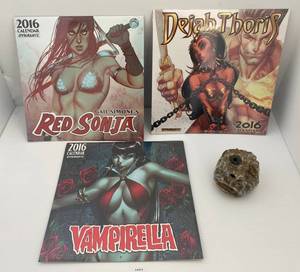 lot 61 image: Group Of 2016 Dynmite Calanders Including Red Sonja, Dejah Thoris And Vampirella NIB And Weird Clay Face