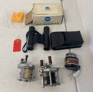 lot 69 image: Vintage Minolta 10x28 Pocket Binoculars And Vintage Fishing Reels And More