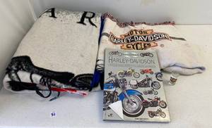 lot 92 image: Group Of Vintage Harley Davidson Items Including Blankets, Book And Shot Glass