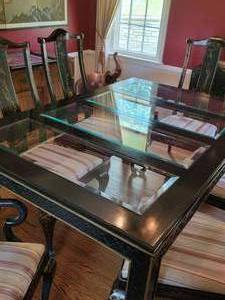 lot 2 image: Asian Black Lacquer Dining Table and Chair Set