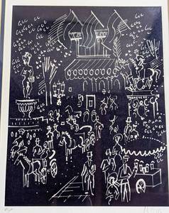 lot 4 image: Framed Dark Navy Lithograph by Charles Cobelle