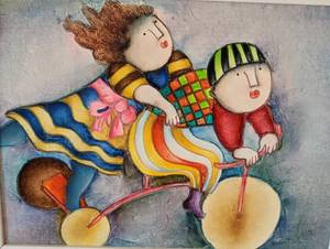 lot 56 image: Framed Children on Bicycle Painting by Joyce Roybal