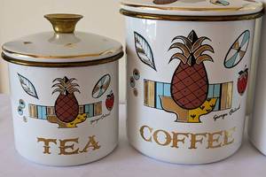 lot 61 image: Vintage Georges Briard Ambrosia Enamel Canister Set