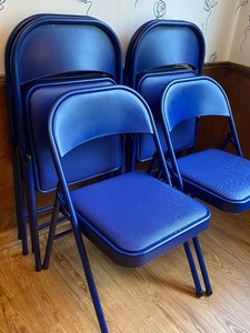 lot 137 image: Set of Six Bright Blue  Colored Folding Chairs with UpholsteredCushion Seats