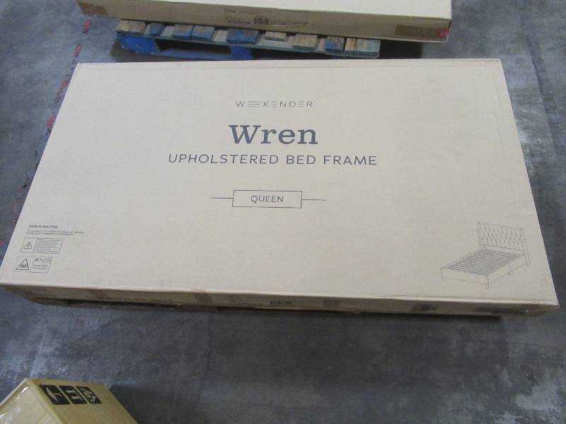 Malouf Wren White Gray Queen Upholstered Bed Frame, WKQQWGO3UB - NEW