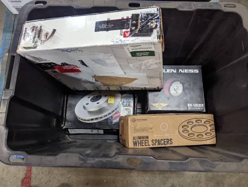 Tote of Auto Parts and Various Items