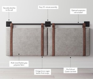 Nathan James Harlow 62 in. Queen Wall Mount Gray Upholstered Headboard Adjustable Brown Straps and Black Metal Rail, 94102.