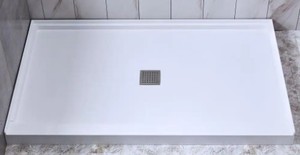 Woodbridge Cedaridge 48 in. x 36 in. Solid Surface Single Threshold Center Drain Shower Pan with Slip Resistant Surface in White, SBR4836-1000C - Unclaimed Freight.