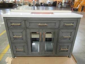 Erinton 48 in. W x 21 in. D Vanity in Antique Grey with Engineered Stone Vanity Top in White with White Basin - Toggles to hold center door panes are brokenmissing.