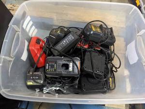 Bin of Various Tool Battery Charger