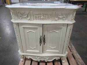 Winslow 33 in. W x 22 in. D Bath Vanity in Antique White with Vanity Top in White Marble with White Basin - RH Door Needs adjustment, Cracked Top.