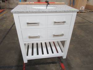 Fraser 31 in. W Bath Vanity in White with Granite Vanity Top in White with White Basin, Slight crack on top through RH faucet hole, cracked back.