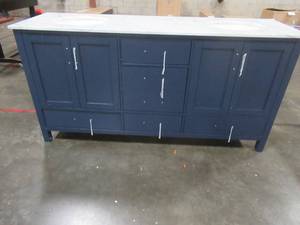Gela 72 in. Vanity in Blue with Marble Vanity Top in White with White Basins, Chipped Top Corner, Cracked Back board, Damage to Center Drawers and Bottom LH Drawer.
