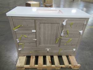 Kendall 48 in. W x 20 in. D Bath Vanity in Distressed Oak with Engineered Stone Vanity Top in White with White Basin - Cracked top, slight scratchcrack on LH front side of cabinet.