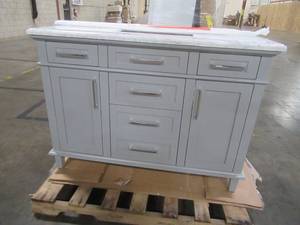 Sonoma 48 in. W x 22 in. D Vanity in Pebble Grey with Marble Vanity Top in Carrara with White Basin - Cracked Top.