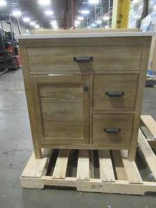 Stanhope 31 in. W x 22 in. D Vanity in Reclaimed Oak and Engineered Stone Vanity Top in Creamed Coffee with White Sink - Cabinet door is damaged.