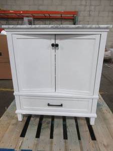 Merryfield 31 in. W x 22 in. D Bath Vanity in White with Marble Vanity Top in Carrara White with White Basin - Cracked Top, Missing Door Stop Block.