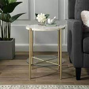 Mid Century Round Side End Table Nightstand in White Marble & Gold