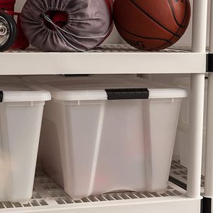 lot 116 image: IRIS USA 53 Qt. Plastic Storage Bin Totes, 5 Totes, 4 Lids