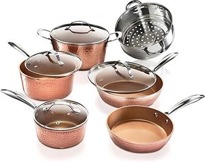lot 123 image: Gotham 10 Piece Pots and Pans Set, Hammered Copper
