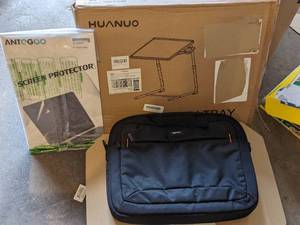 lot 140 image: Huanuo Multi Purpose Tray, Amazon Basics Laptop Bag & Antogoo 2 Pack Screen Protectors