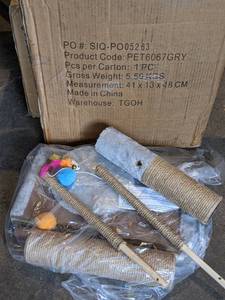 lot 130 image: 2 Level Cat Scratch Post with Toys & Pet Fusion 20 LB Food Storage Container