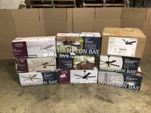 lot 23 image: Pallet with assorted ceiling fans various models, sizes and conditions see pictures open boxes