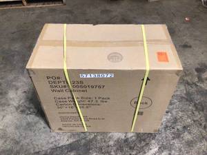 lot 34 image: Husky Heavy Duty Welded 20-Gauge Steel Wall Mounted Garage Cabinet in Black (28 in. W x 22 in. H x 14 in. D) not used see pictures